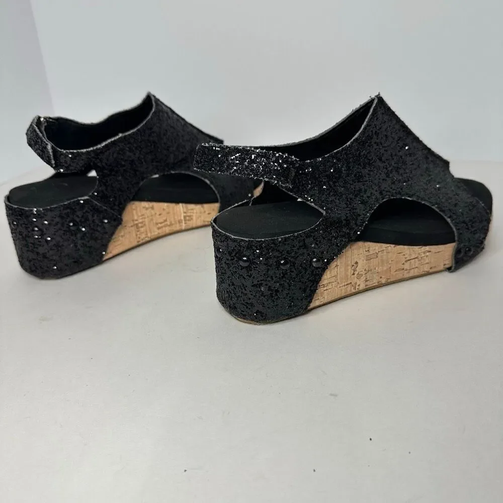 Black Glitter Wedges Sparkly Sandal | Women Size 7.5